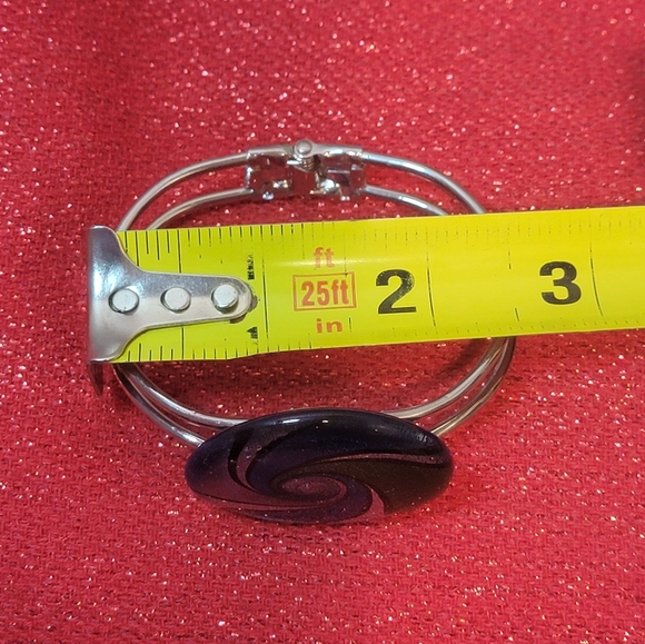 Dichroic Art Glass Hinged Cuff Bracelet Silver Tone Blue/Green/Black Swirl - Picture 9 of 10